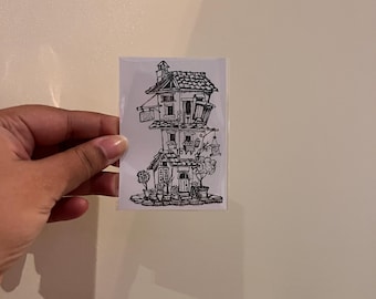Originale ACEO-Hausillustration | Handgezeichnete Tuschezeichnung | Architekturminiatur | Verspielte Kunst | Chief Coconut