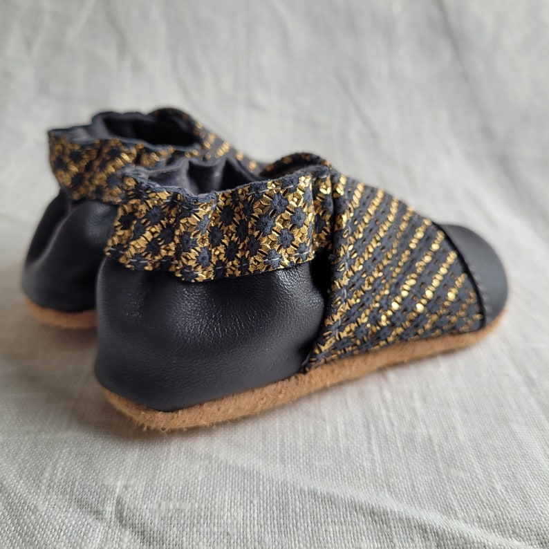 soft leather baby slippers birth gift Eugène model in anthracite and gold leather image 4