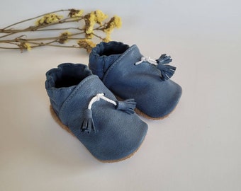 baby slippers in soft leather - birth gift - model "Celestin" in blue leather