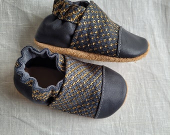 soft leather baby slippers - birth gift - "Eugène" model in anthracite and gold leather