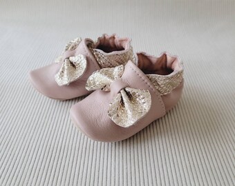 soft leather baby slippers - birth gift - "Rose" model Powder pink gold python