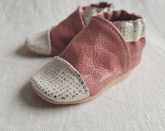 soft leather baby slippers - birth gift - "Eugénie" model in Raspberry leather