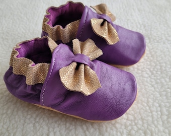 soft leather baby slippers - birth gift - "Rose" lilac gold model