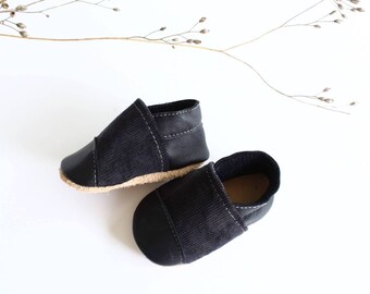 soft leather baby slippers - birth gift - model " Eugene " anthracite velvet