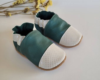 baby slippers in soft leather - birth gift - "Eugène" model in green leather