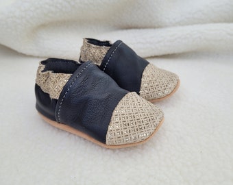 soft leather baby slippers - birth gift - "Eugène" model in black leather