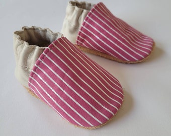 soft leather baby slippers - birth gift - model "caesar" Pink stripe