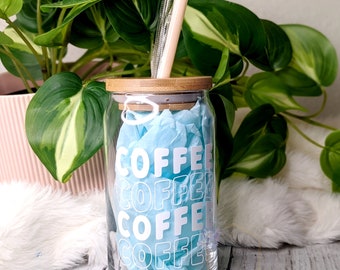 COFFEE COFFEE COFFEE glass can\\ iced coffee cup\\gift idea\\16oz libby cup with bamboo lid and straw