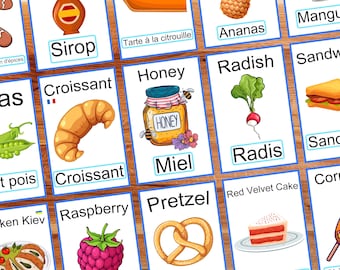 Peut inclure: Un jeu de cartes illustrées avec des images colorées et du texte en anglais et en français. Les cartes présentent différents aliments, dont un croissant, du miel, un radis, un sandwich, des petits pois, un bretzel, une framboise et un gâteau rouge velours.