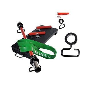 May include: A black exercise platform with red and black handles, a green resistance band, and a silver barbell with black end caps. The platform has the text "ALLN-1.com" printed on it.