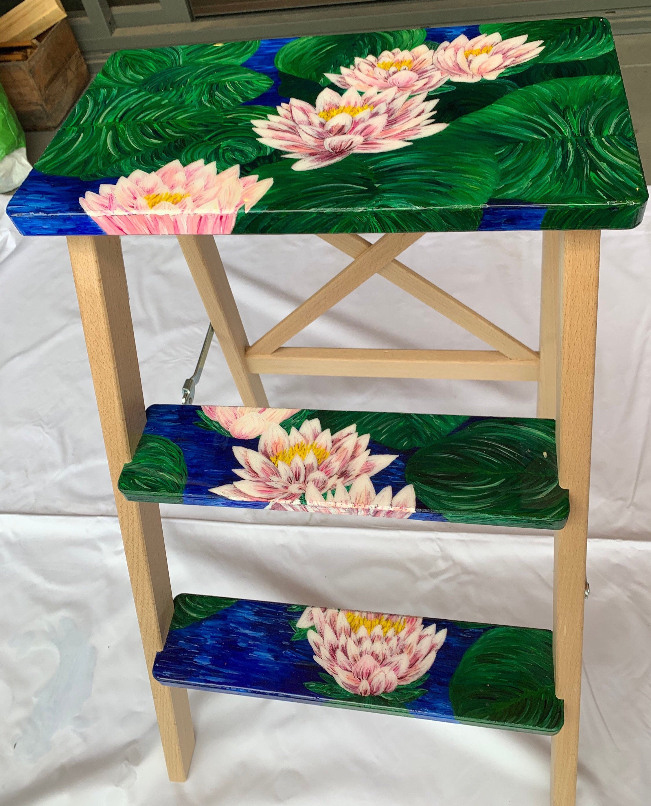 Hand painted Water Lily Step Ladder. Perfect bedside table Etsy