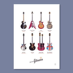 Gibson Guitars A4 Poster Print. 8x Glorious Gibsons Guitars Illustration. Rock, Blues, Indie, Country, Punk, Funk, by doodlebank