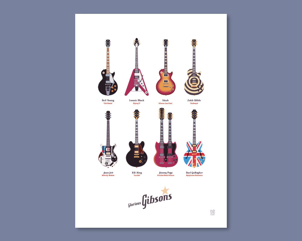 Gibson Guitars A4 Poster Print. 8x Glorious Gibsons Guitars