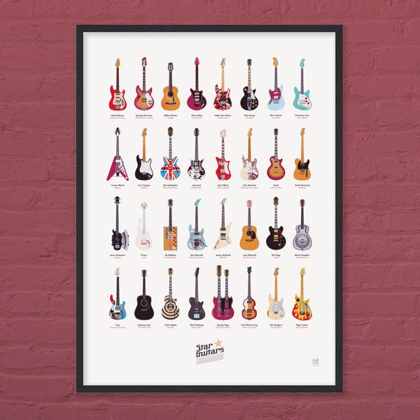 Wood Framed 32x Famous Star Guitars - Original illustration - Poster Print - Rock n Roll Punk Funk Indie Country
