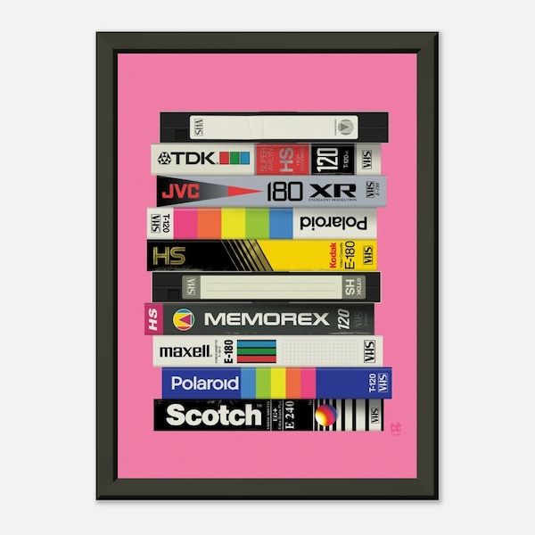 Metal framed -Retro 80’s VHS Tapes on pink - Original illustration by Doodlebank - Poster Print Nostalgia - Quality Matte Paper