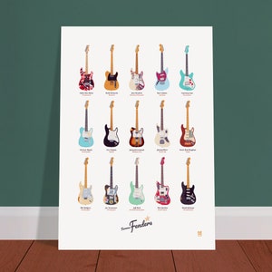 Famosas guitarras Fender - Ilustración original - Impresión de póster - Impresión mate de calidad - 15x Rock Blues Punk Funk Indie Country