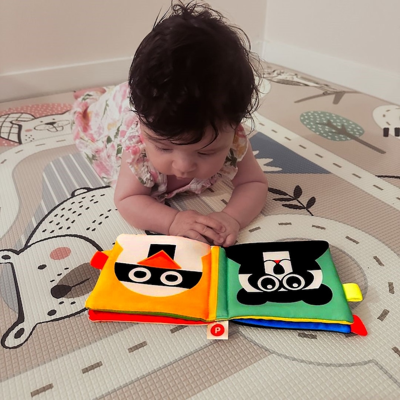 May include: A baby lays on a play mat and looks at a colorful cloth book with a black and white bird and a black and white panda on the front pages.