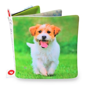 May include: A soft, colorful book for babies and toddlers featuring a white and brown dog running on green grass. The book has a CE 0+ label and a P label.