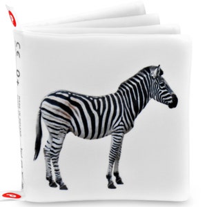 ZOO TIERE Weißer Hintergrund Montessori Waldorf Tuch Buch für Baby, Realistische Illustrationen Ungiftig Weicher Stoff Säugling Smart Gift Eco Toy