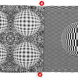Puede incluir: Una imagen de ilusi&oacute;n &oacute;ptica en blanco y negro con cuatro esferas en el lado izquierdo y una esfera en el lado derecho. Las esferas est&aacute;n formadas por un patr&oacute;n de cuadr&iacute;cula que parece ser tanto cuadrados como c&iacute;rculos dependiendo de c&oacute;mo se mire.