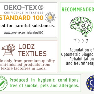 May include: A green and black graphic of a brain with the text "RECOMMENDED BY" and "Foundation of Optometric Diagnostics, Rehabilitation and Neurotherapy". The image also includes a green checkmark with the text "HYPOALLERGENIC" and a blue and yellow CE mark with the text "Certificated".