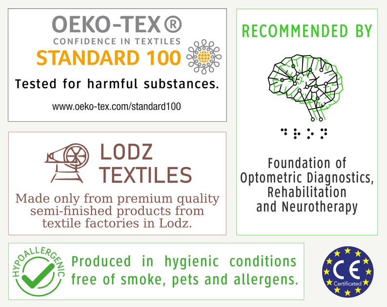 May include: A green and black graphic of a brain with the text "RECOMMENDED BY" and "Foundation of Optometric Diagnostics, Rehabilitation and Neurotherapy". The image also includes a green checkmark with the text "HYPOALLERGENIC" and a blue and yellow CE mark with the text "Certificated".