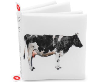 ANIMAUX DE LA FERME sur fond blanc, livre en tissu, illustrations réalistes, tissu non toxique, jouet éducatif pour bébé, cadeau de baby shower, agriculteur