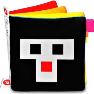Contrasting graphics resembling a face made of three squares and the letter T. The following pages show the development of this face from the cover in a form of friendly faces in contrasting bright-vivid colors. Each page has tabs in neon colors.