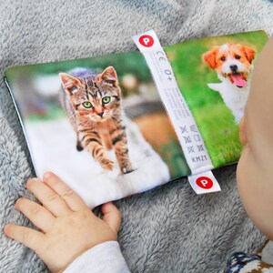 May include: A soft book for babies with a cat and a dog on the cover. The book has a label that says "P CE 0+ Made in Poland" and washing instructions.