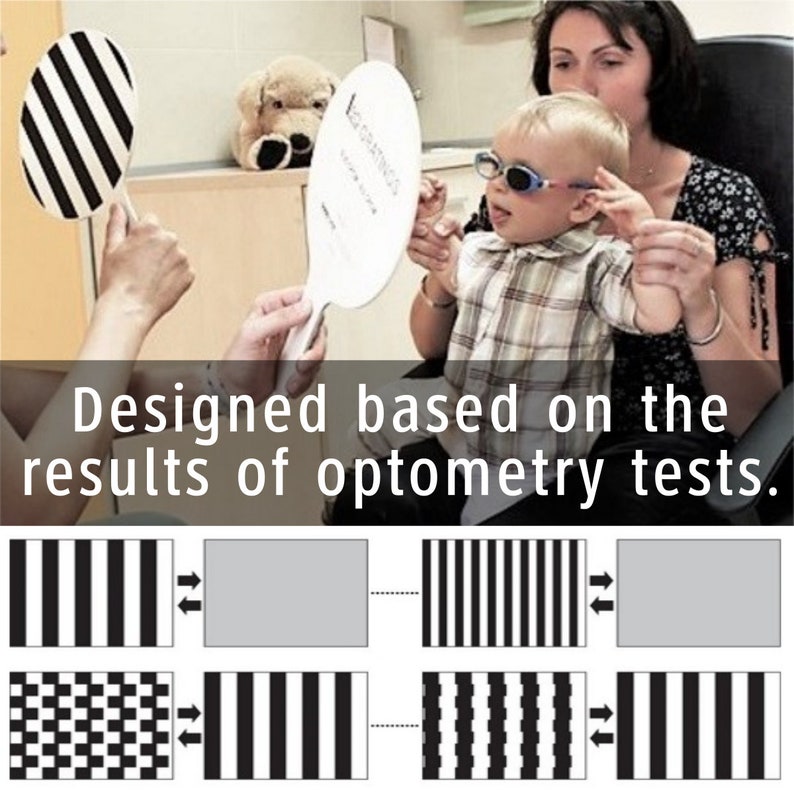 Puede incluir: Un ni&ntilde;o con gafas azules mira una tarjeta con rayas blancas y negras que sostiene un adulto. La tarjeta se utiliza para probar la vista. El texto "Dise&ntilde;ado en base a los resultados de las pruebas de optometr&iacute;a." est&aacute; debajo de la imagen.