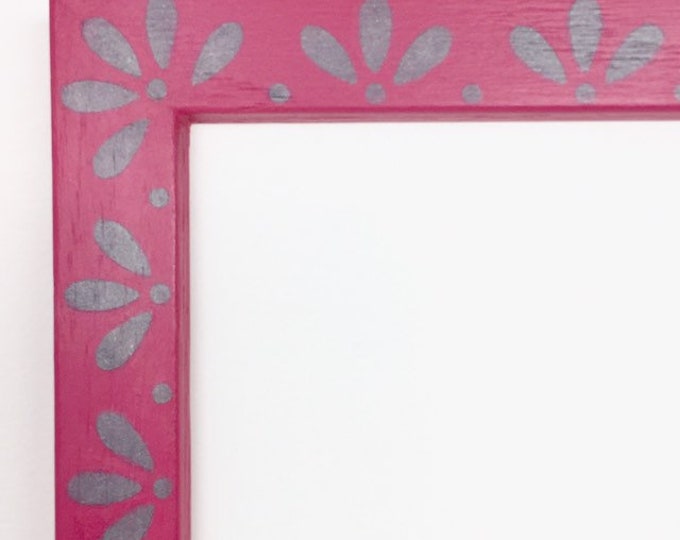 Pink Picture Frame 8x10 With Silver Flower Stencil, Handpainted, OOAK