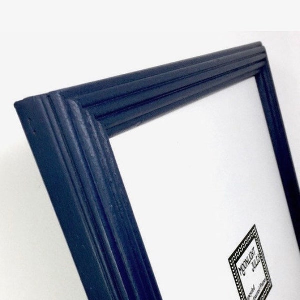 Dark Blue picture frame, 8x10 hand-painted upcycled vintage wood frame with glass or mirror, eco-friendly frame for photo or art