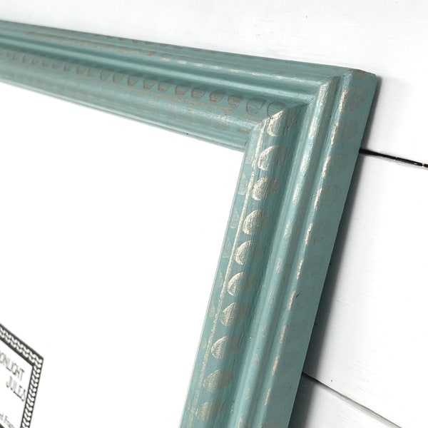 9x12 Aqua blue-green picture frame with gold design, upcycled vintage wood frame with glass, hand painted, baby present, beach decor