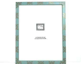 Aqua blue 11x14 wood picture frame with gold fleur-de-lis design, upcycled frame with glass, hand-painted and stamped design, gift for baby