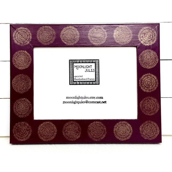 Hand-Painted 5x7 Picture Frame, Plum Purple, Gold Flower design, Wood, Upcycled