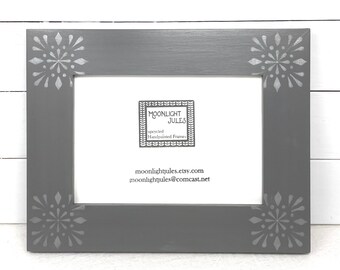 Hand-Painted 5x7 Picture Frame, Gray with Silver Star Stencil, Wood, Upcycled