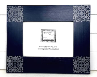 Dark Blue 5x7 wood picture frame with silver flower scroll design, upcycled and hand-painted