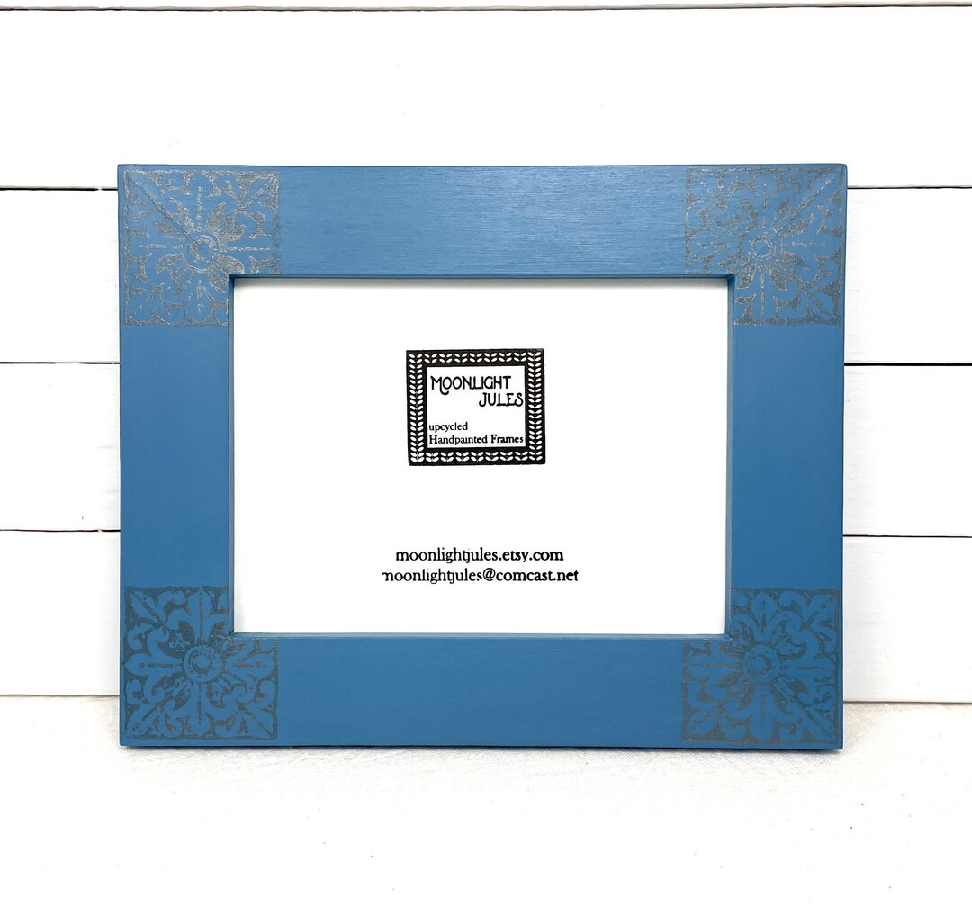 Sky Blue Picture Frame 5x7 With Silver Flower Stamp Design, Unique