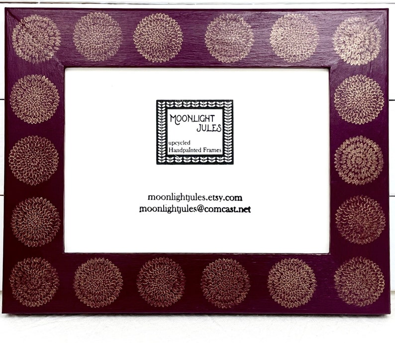 Hand-Painted 5x7 Picture Frame, Plum Purple, Gold Flower design, Wood, Upcycled image 2