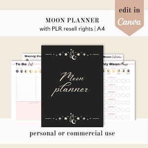 PLR Moon planner, fasi lunari modello Canva, modello canva modificabile PLR, fatto per il tuo diario, diritti di rivendita per uso commerciale