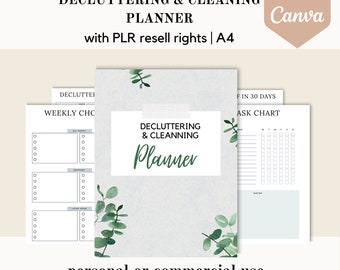 May include: A printable A4 planner with a light blue background and green leaves. The planner is titled "Decluttering & Cleaning Planner" and includes sections for weekly chores, a task chart, and notes.