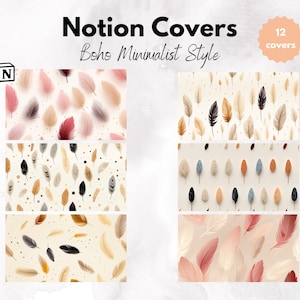 May include: Twelve digital covers for Notion, featuring a boho minimalist style with feather patterns in various colours, including pink, beige, brown, and black.