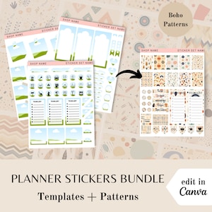 Planner sticker bundle, Canva template frames, boho pattern backgrounds, done for you stickers, editable sticker sheets, commercial use