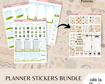Planner sticker bundle, Canva template frames, boho pattern backgrounds, done for you stickers, editable sticker sheets, commercial use