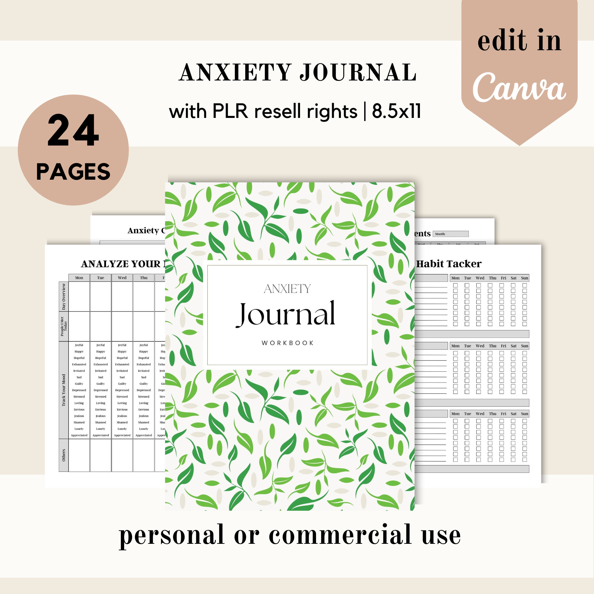PLR Anxiety Journal Canva Template: Mental Health Worksheets ...
