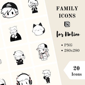 Notion icons, cartoon doodle PNG images, family portrait clipart, black and white icons illustrations, customize your notion, commercial use