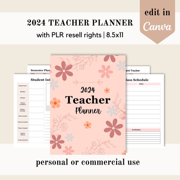 PLR 2024 teacher planner, Canva template, education PLR, 71 page editable canva template, done for you, commercial use resell rights