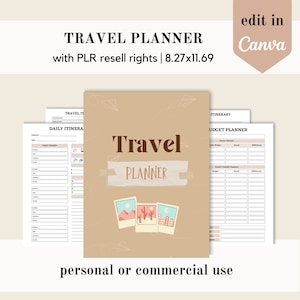 May include: A printable travel planner with a brown background and a title that says "Travel Planner". The planner includes sections for daily itineraries, a budget planner, and an itinerary.