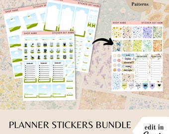 Flowers leaves planner sticker bundle, Canva template frames, pattern images, done for you stickers, editable sticker sheet, commercial use