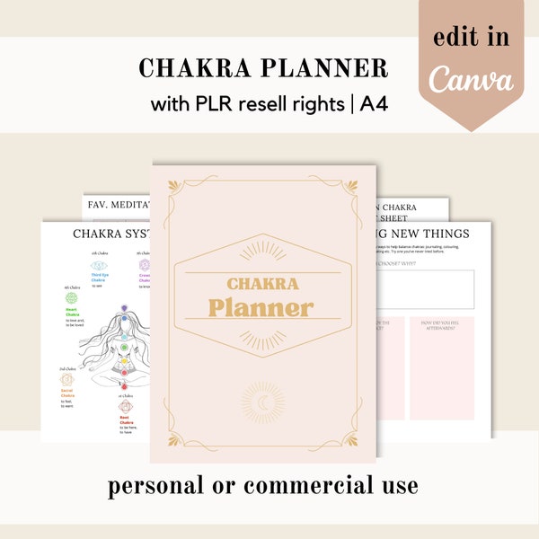 Planificateur de chakras PLR, modèle Canva en cristal de méditation, modèle de toile modifiable, journal fait pour vous, cahier d'exercices sur les droits de revente à usage commercial